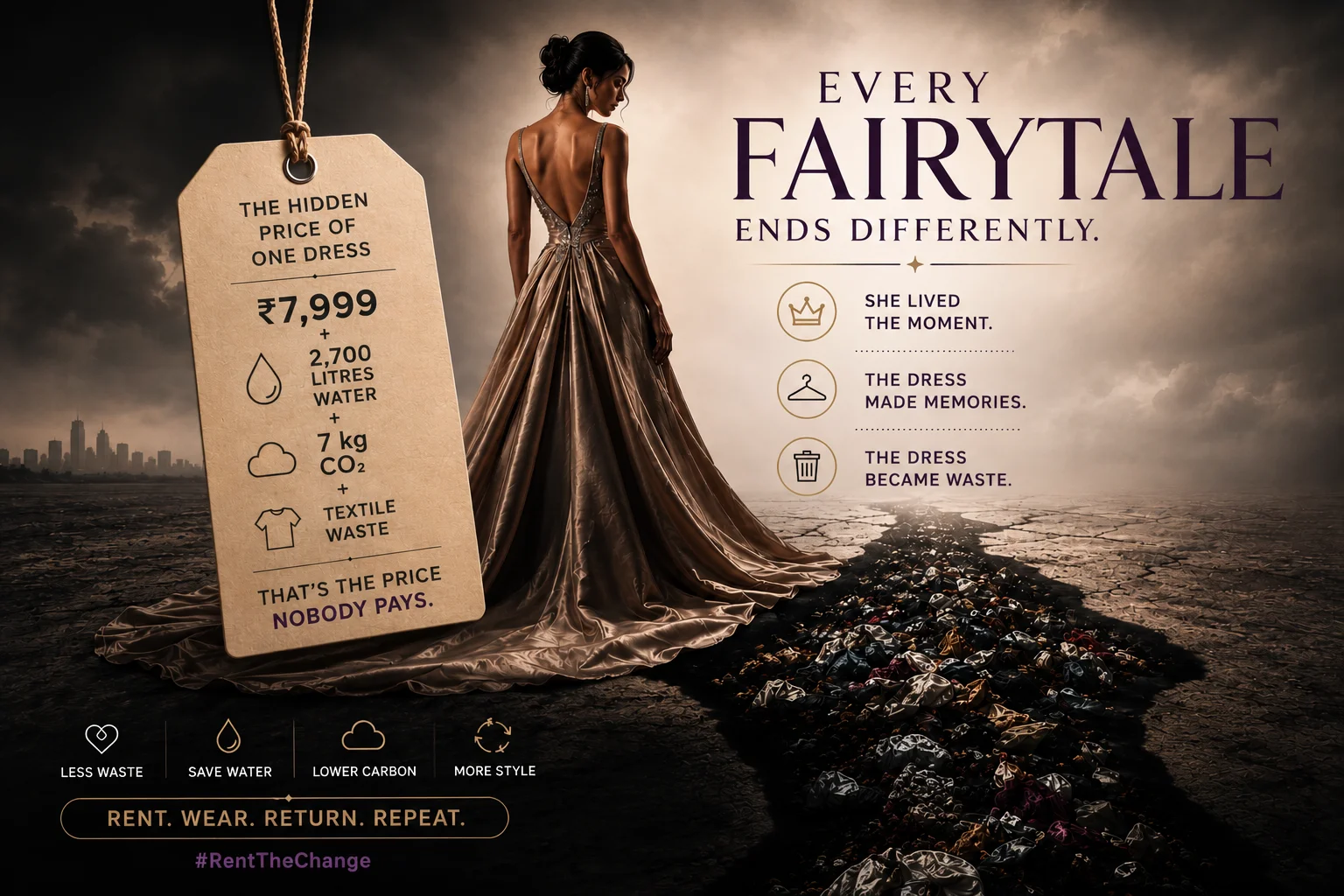 Every fairytale ends differently — the hidden cost of owning one dress: ₹7,999, 2,700 litres of water, 7 kg of CO2 and textile waste. Rent. Wear. Return. Repeat.